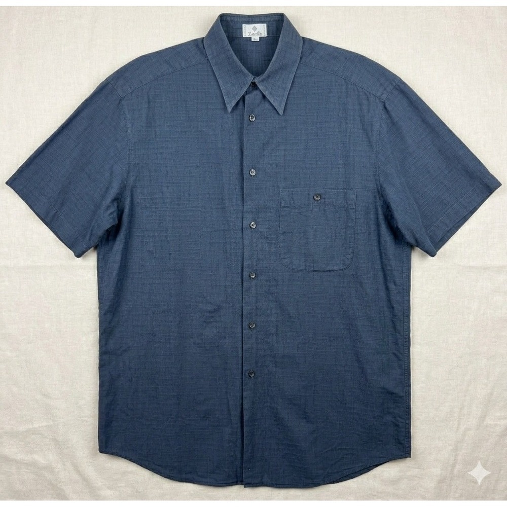 Zanella Button Down Shirt Mens Medium Navy Blue Textured Short Sleeve Luxury